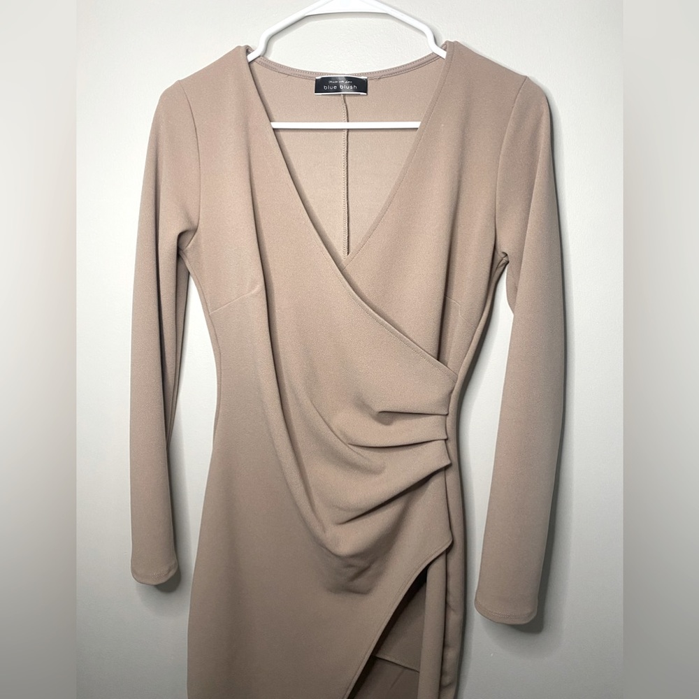 Blue Blush Asymmetrical Tan Dress, long sleeve, low cut